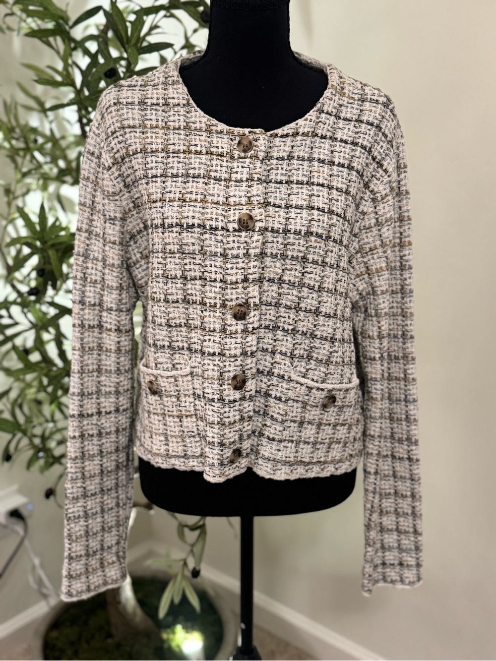 Ann Taylor Factory Cream Knit Sweater with Navy and Mustard Flecks